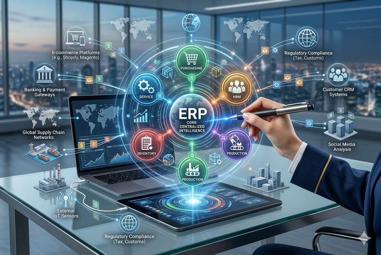 Interface holográfica de ERP com módulos corporativos e integrações